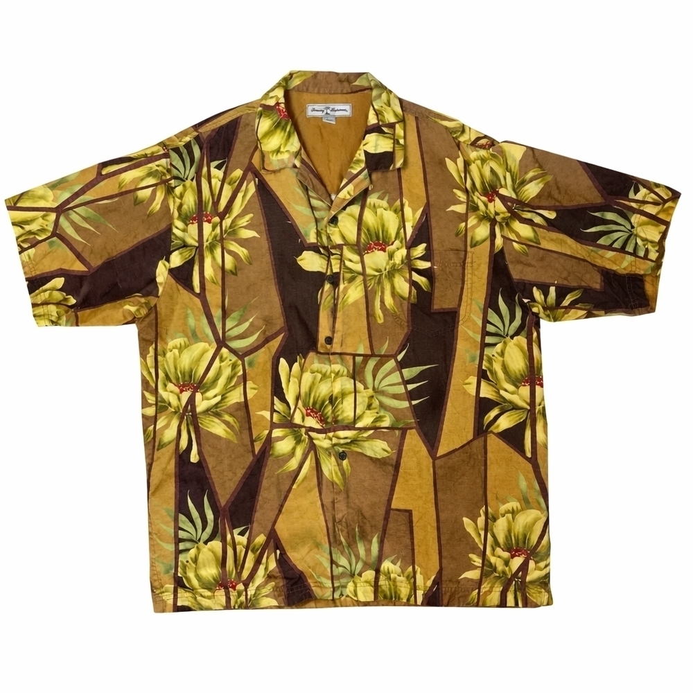 Tommy Bahama 100% silk hawaiian tropical floral button down shirt mens size L